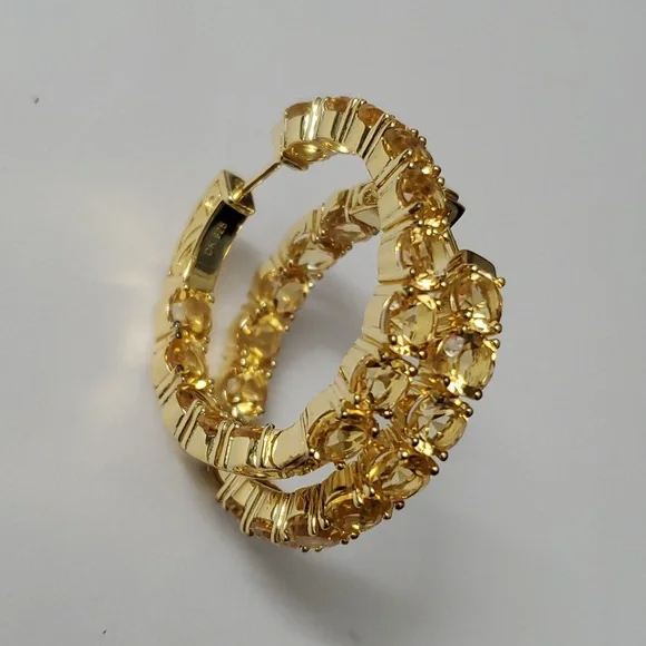 Sterling Silver 925 Citrine Paved Inside Out Gold Hoop Earrings - Picture 2 of 5